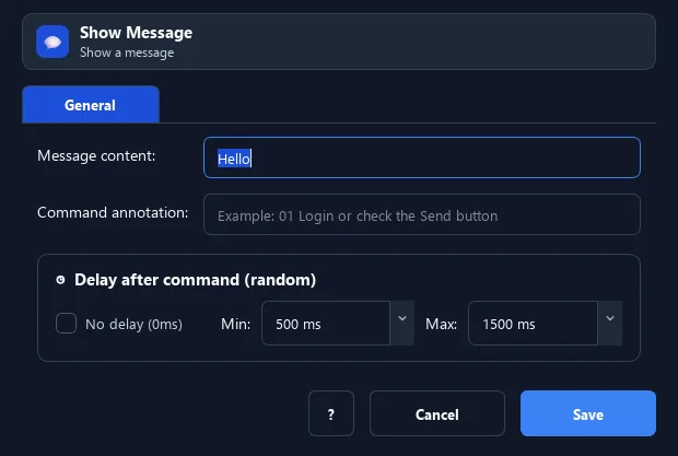 RunMacro Show Message Box command configuration dialog showing parameter fields