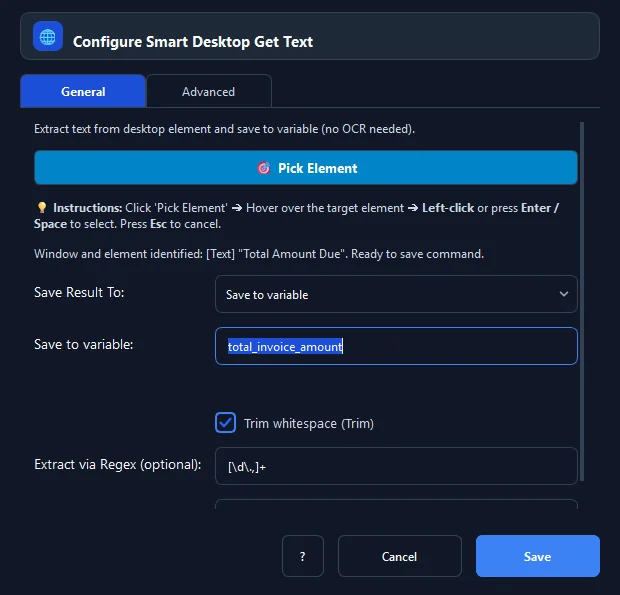 RunMacro Smart Get Text command configuration dialog showing parameter fields
