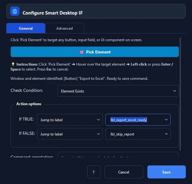 Giao diện cấu hình các trường thông số của lệnh Smart Desktop IF trong RunMacro