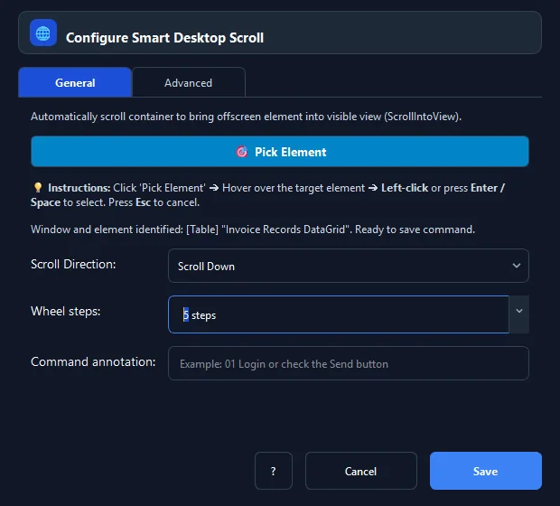 Giao diện cấu hình các trường thông số của lệnh Smart Scroll trong RunMacro