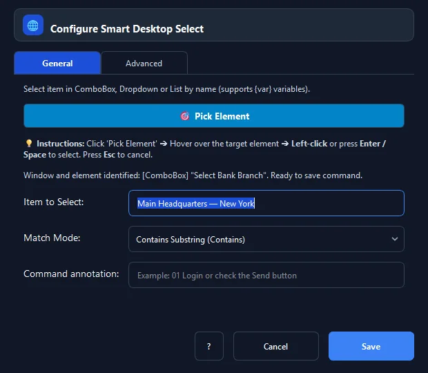 Giao diện cấu hình các trường thông số của lệnh Smart Select Dropdown trong RunMacro