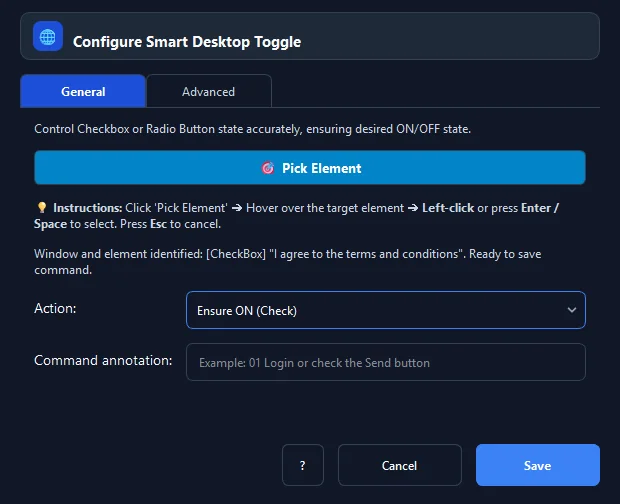 Giao diện cấu hình các trường thông số của lệnh Smart Toggle Checkbox trong RunMacro