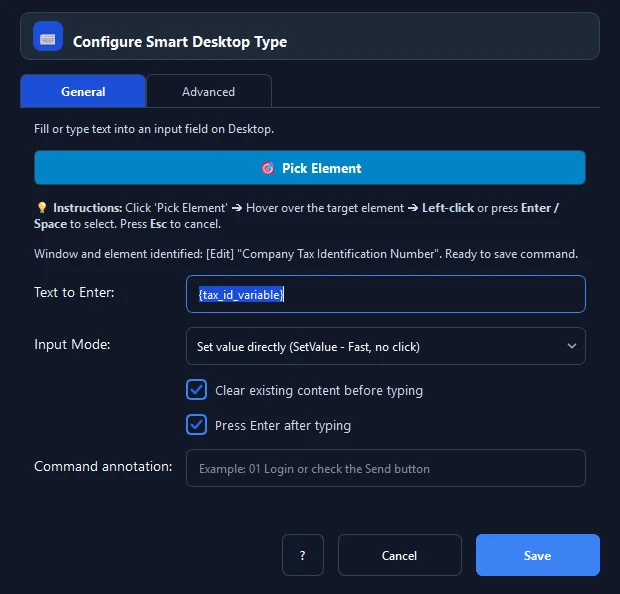 Giao diện cấu hình các trường thông số của lệnh Smart Desktop Type trong RunMacro