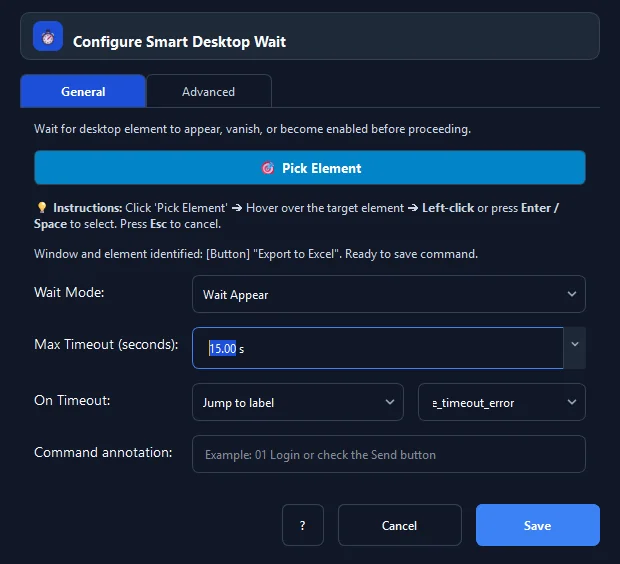 Giao diện cấu hình các trường thông số của lệnh Smart Desktop Wait trong RunMacro
