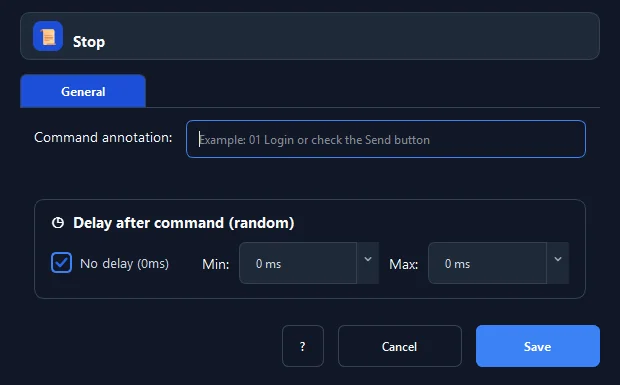 Giao diện cấu hình các trường thông số của lệnh Dừng Macro (Stop) trong RunMacro