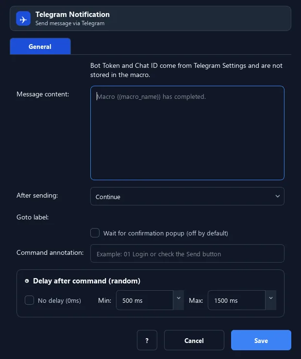 RunMacro Telegram Notification command configuration dialog showing parameter fields