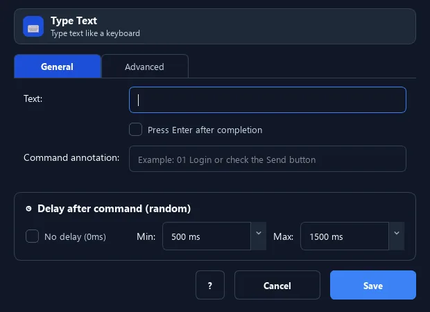 RunMacro Type Text command configuration dialog showing parameter fields