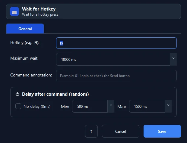 RunMacro Wait Hotkey command configuration dialog showing parameter fields
