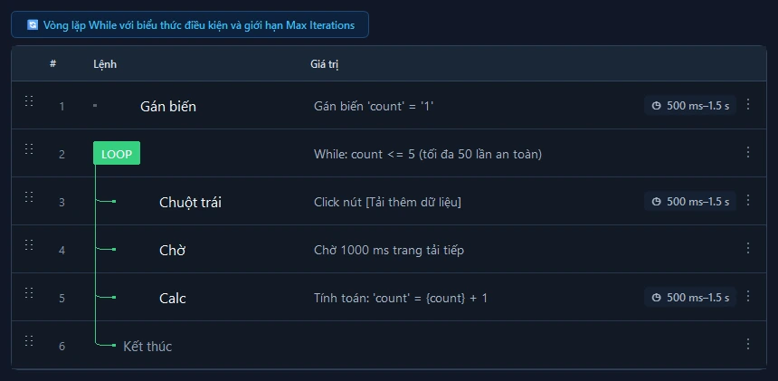 Giao diện cấu hình các trường thông số của lệnh Vòng lặp While trong RunMacro
