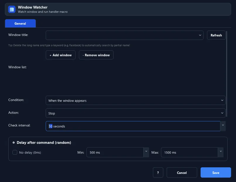 RunMacro Window Watcher command configuration dialog showing parameter fields