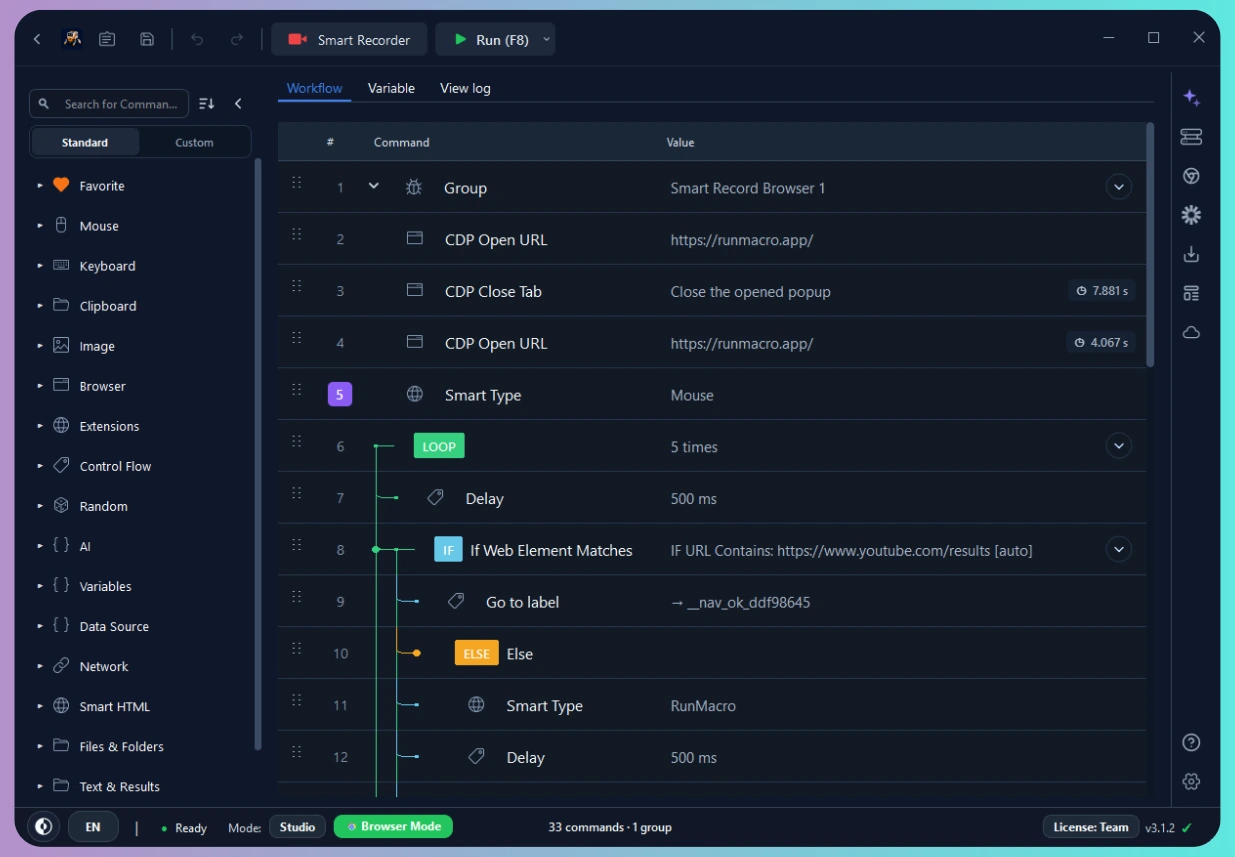 RunMacro desktop software interface showing automated browser and windows workflow execution